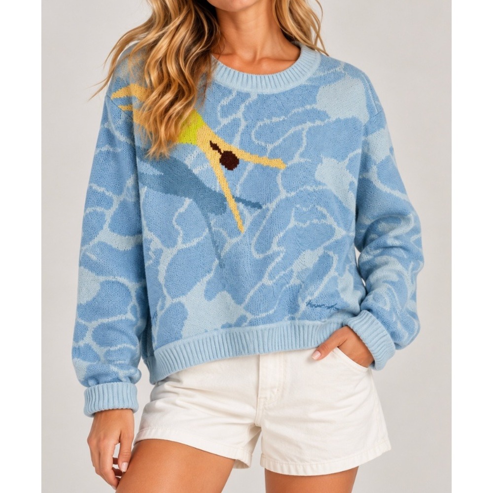 House of Sunny Big Splash Diver Pool Knit Oversize Sweater Blue Women US 12 RARE